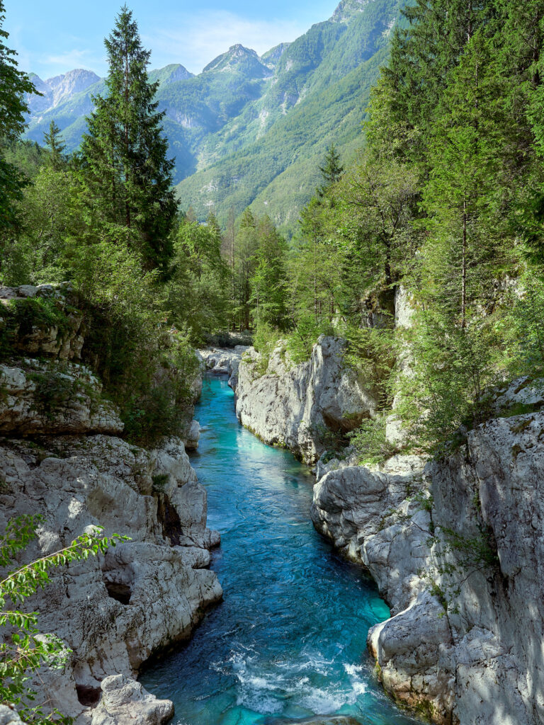 Tiefe Schlucht in Slowenien mit türkisfarbener Soča – Fotospot mit starker Perspektive