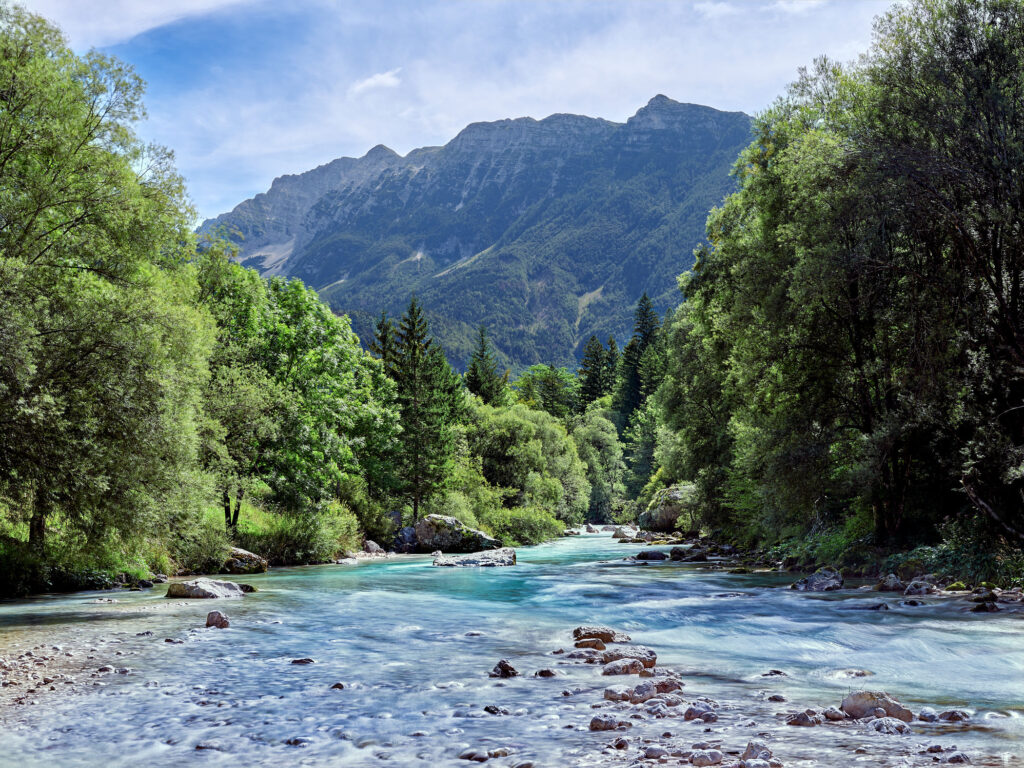 Landschaftsfotografie Slowenien – smaragdgrüne Soča im Sonnenlicht mit klarer Flussstruktur