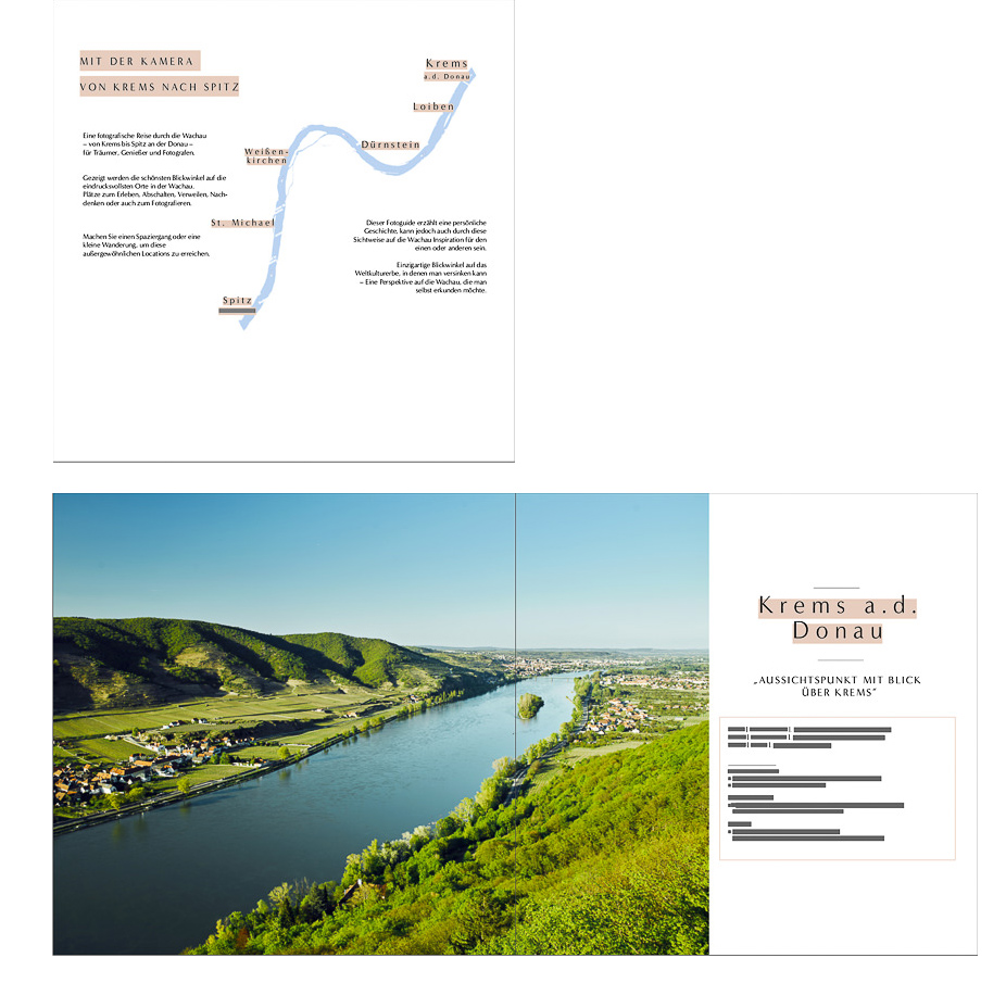 llustrative Karte der Wachau von Krems nach Spitz mit markierten Orten – Layout aus dem Bildband Wachau, gestaltet von Fotograf Florian Schulte.